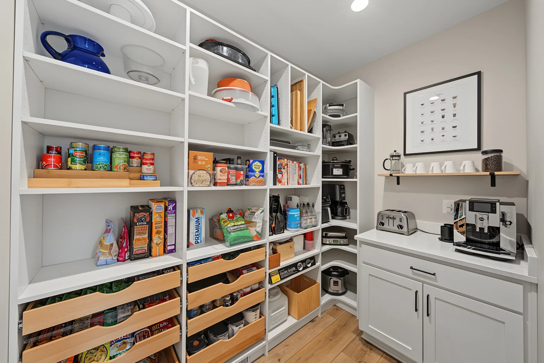 Walk-in pantry with open shelves, labeled baskets, and organized food storage